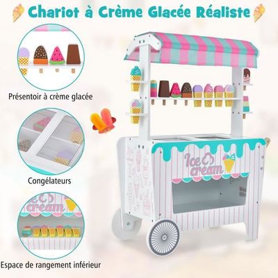 Chariot à Glaces Enfant en Bois avec 15 Accessoires, Magasin de Crème Glacée avec Auvent & Poignée & Caisse, Jeu de Rôle pour 3 Ans+ (Rose