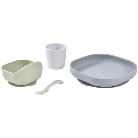 Set Vaisselle Bébé Béaba Silicone - Assiette Bol Verre Cuillère Avec Ventouse Anti-dérapant