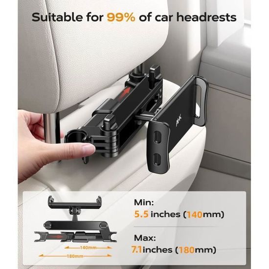 Support Tablette Voiture Pour Appui-tête - Réglable 5,3 à 10,2 Pouces, Rotation 360°, Fixation Sans Outil, Pour Passagers Arrière - 4