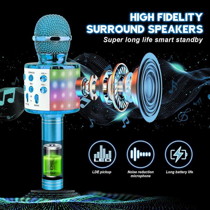 Micro Karaoké Sans Fil Pour Enfants – Jouet Musical Avec Lumières Colorées, 3 Modes Et Enregistrement, Bleu, Cadeau éducatif
