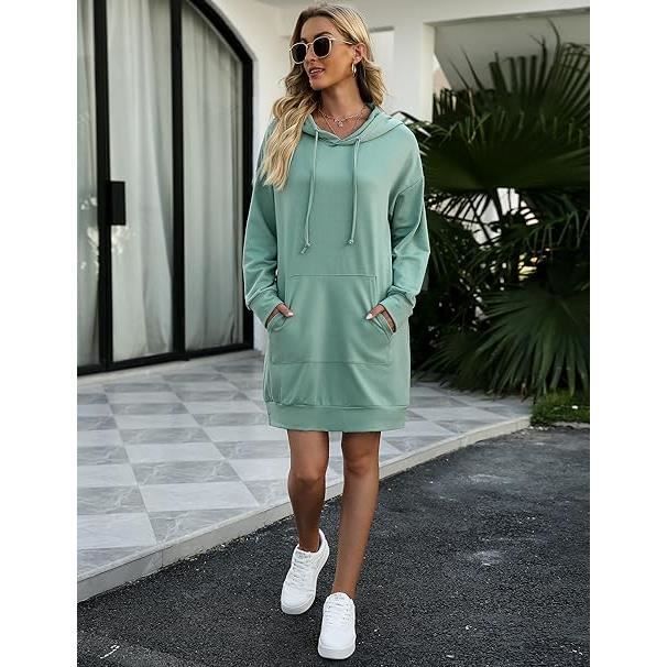 Robe Sweat Femme Long a Capuche Hiver Vert Cordon de serrage reglable Grandes poches