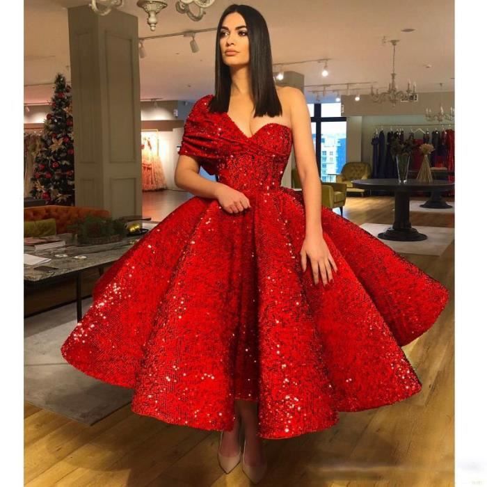 Robe de soiree longue rouge asymetrique epaule denudee paillettes froncee fermeture eclair au dos robe de Cocktail ro Blanc Cdiscount Pret a Porter