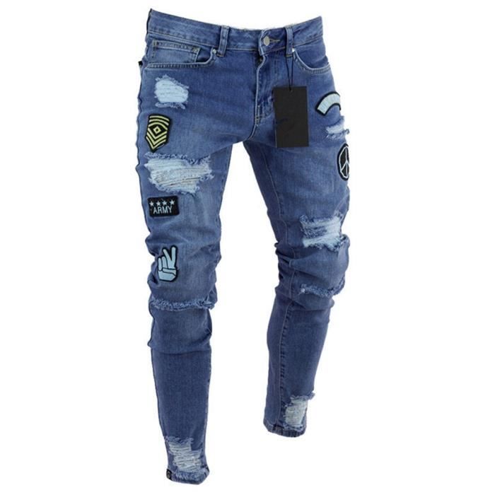 Homme Jean Biker D chir Denim Jeans Skinny Jeans Bleu Bleu