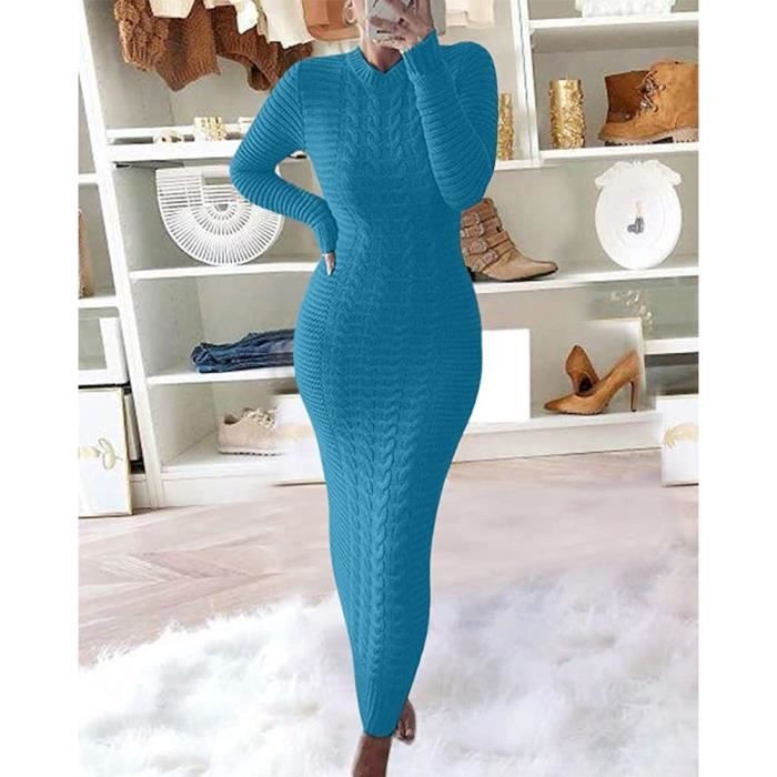 Robe Femme Longue Hiver Tricote Chic et Elegant Long Manche Longue Robe Moulante Decontractee Chaude Maxi Robe Tricot Cotele Bleu Cdiscount Pret a Porter