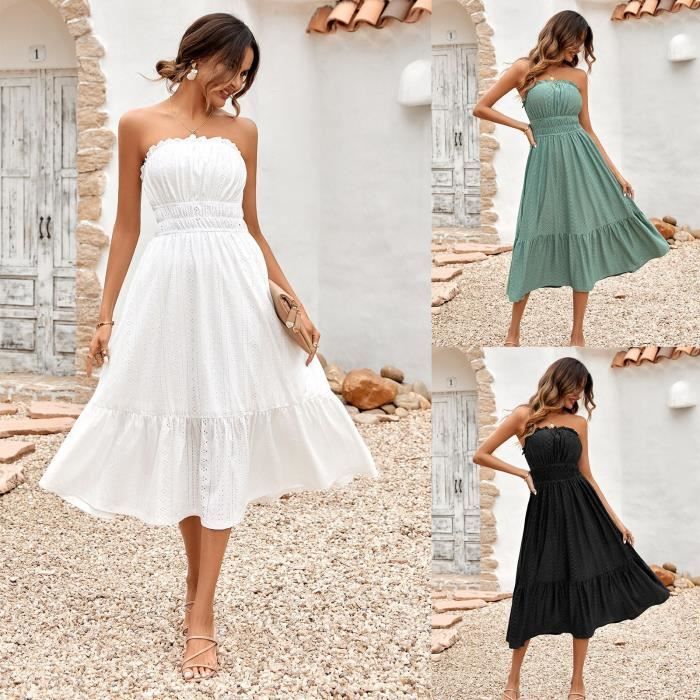 ROBE Mode printemps ete nouvelles femmes Casual couleur unie soutien gorge collection de taille robe longue femme Blanc Blanc Cdiscount Pret a Porter