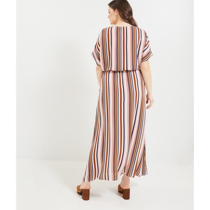 Robe longue femme GRAIN DE MALICE Rayee coloree Forme cache coeur Ceinturee Marron fonce Cdiscount Pret a Porter