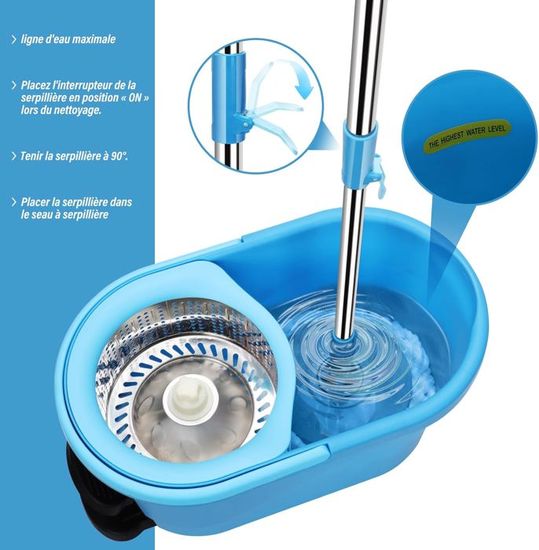 MASTERTOP Balai Microfibre Rotatif 360° + Seau Essoreur Inox à Pédale – Kit Complet Avec 5 Tampons, Manche 145 Cm, Nettoyage Sans Effort