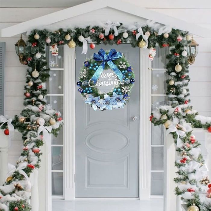 Couronne De Porte De Noël Bleue 30 Cm - Déco Hiver Avec Boules, Flocons Et Fleurs En Coton, Pour Intérieur Ou Extérieur