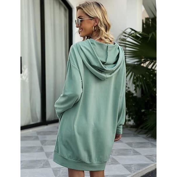 Robe Sweat Femme Long a Capuche Hiver Vert Cordon de serrage reglable Grandes poches