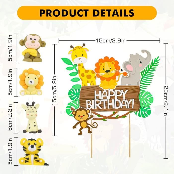 15 Decorations Gâteau Anniversaire Jungle - Figurines Animaux Et Guirlande Joyeux Anniversaire
