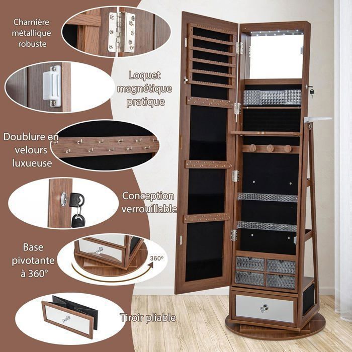 RELAX4LIFE Armoire à Bijoux LED avec Miroir Pleine Longueur, Base Pivotante et Support pour Sèche-Cheveux, Organisateur pour Bijoux et Accessoires, 164x56x56cm, Industriel RELAX4LIFE Armoire à Bijoux LED avec Miroir Pleine Longueur, Base Pivotante et Support pour Sèche-Cheveux, Organisateur pour Bijoux et Accessoires, 164x56x56cm, Industriel