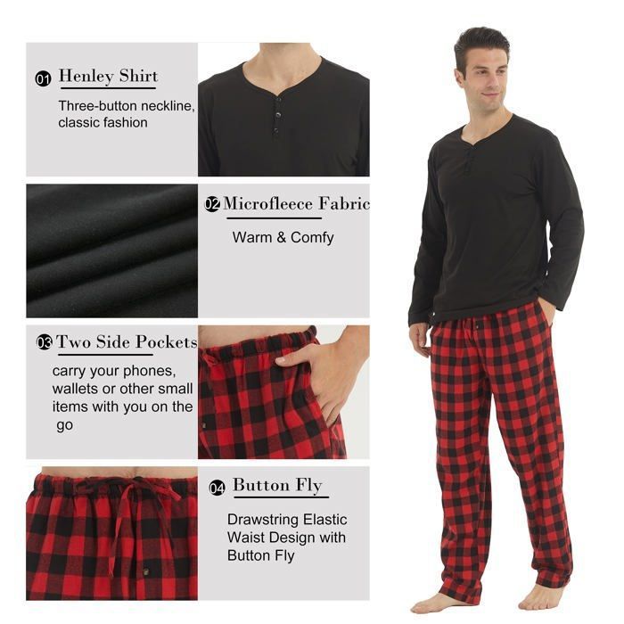 Pyjama Homme Hiver Flanelle LANBAOSI - Ensemble 2 Pièces à Carreaux Avec Poche - Chaud Et Confortable