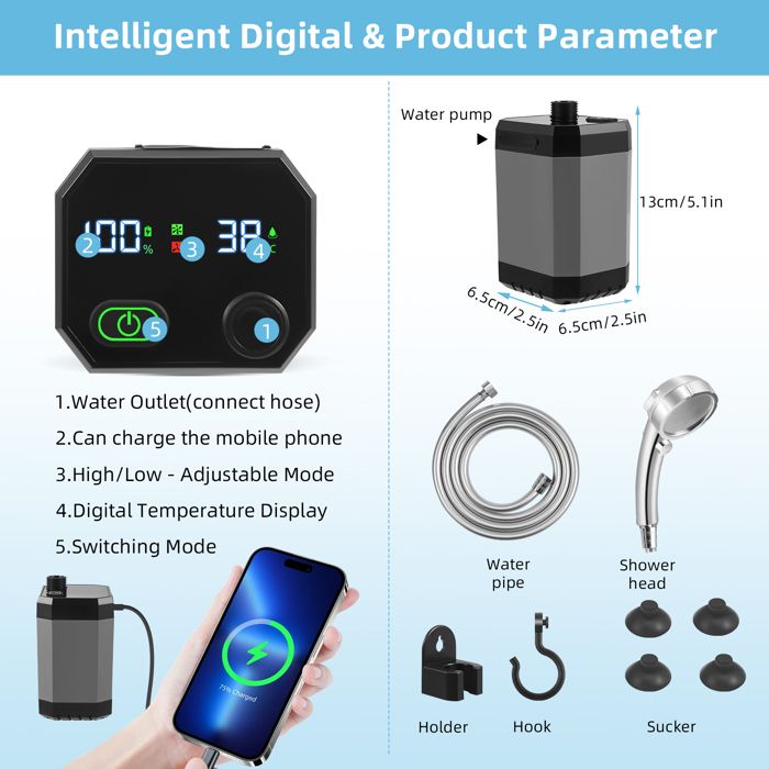 Douche Portable Chauffante Camping - Affichage Intelligent, Pression Réglable - Pour Extérieur, Animaux, Voiture