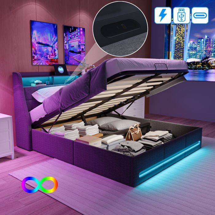 Lit Double 160x200 Avec Coffre De Rangement - Tête De Lit LED Et USB - Velours Beige - Sommier à Lattes - Charge 250 Kg - 9