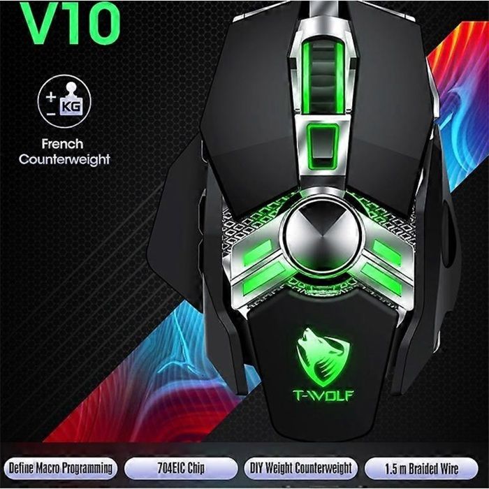 Souris filaire gaming T-WOLF V10 avec interface USB, 7 boutons, 6400 ...