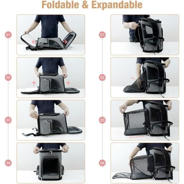 Sac à Dos Transport Pour Chien/Chat - Extensible, Cabine Avion, Respirant - Avec Laisse, Tapis, Poches - Jusqu'à 8 Kg
