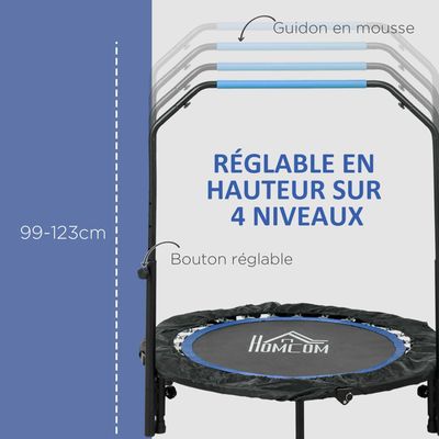 HOMCOM Trampoline De Fitness Pliable 122 Cm Avec Guidon Réglable - Élastiques Bungee Gris Noir