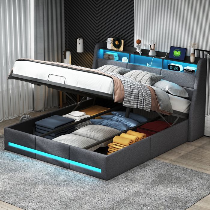 Lit Coffre 160x200 Avec LED Et Ports USB - Rangement Hydraulique, Tête De Lit Capitonnée, Sommier à Lattes, Adulte/ado