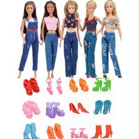Ensembles de Vêtement Poupée 5 Hauts T-shirts + 5 Pantalons Jeans + 5 Paires Chaussures Accessoire pour Poupée Barbie 29cm