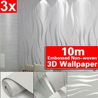 LOT de 3 3D Papier Peint Bosselure Ciselant 53cm x 10m Argent Non-tissé Vague Pr decor mur chambre salon Non-Auto-Adhésif