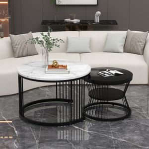 TABLE BASSE Ensemble de table basse emboîtée, plateau en marbre brillant, cadre noir, 70x70x45.5cm + 45x45x40cm