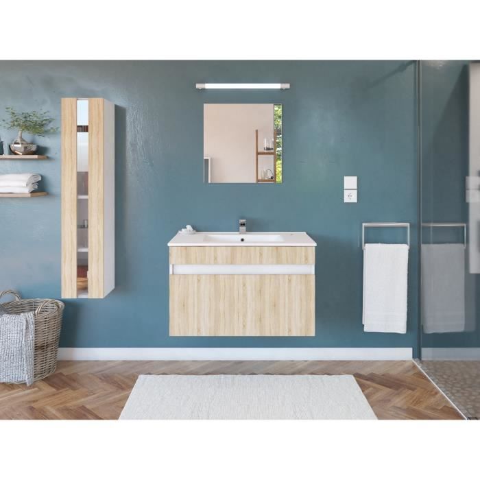 Salle De Bain Complete L 80cm Meuble Vasque Colonne Vitree Decor Chene Sonoma Alban Cdiscount Maison