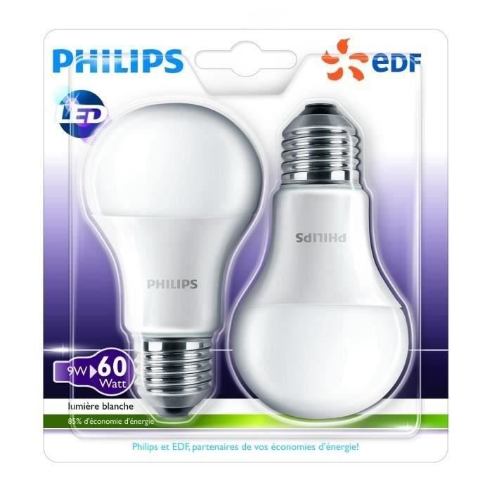 PHILIPS EDF Lot de 2 ampoules LED E27 9W équivalence 60W forme standard
