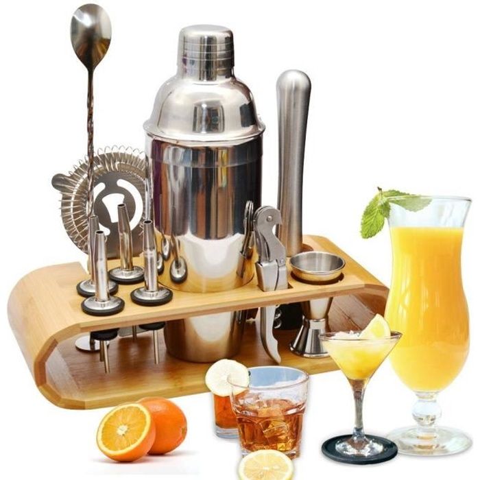AYAOQIANG Shaker à Cocktail,Shaker Cocktail Professionnel 12 Pièces,Cocktail Shaker 750ml Kit Barman avec Support en Bois