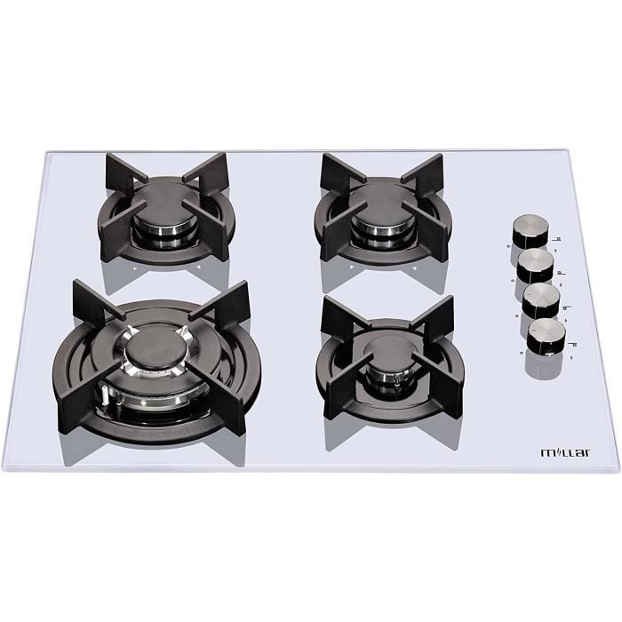 Millar GH6041XEW Plaques de cuisson en Verre trempé avec 4 brûleurs à gaz Blanc 60 cm/Table de Cuisson