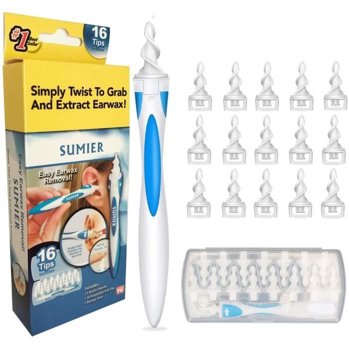 Nettoyant Oreille,Q Grips Nettoyant Oreilles,Kit d'Enlèvement de Cire d'Oreille Nettoyeur d'Oreilles avec 16 Embouts de remplacement