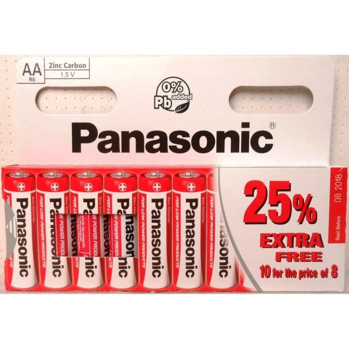 PILES PANASONIC AA R6 1.5V ZINC CARBON 8+2 GRATUITES