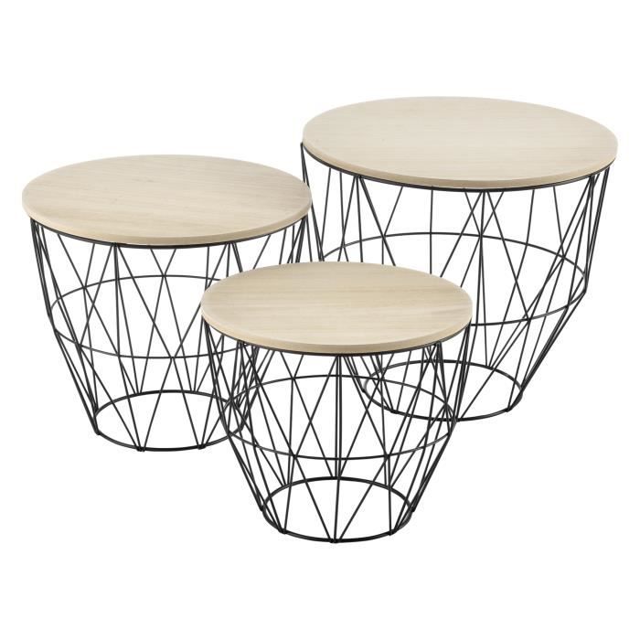 [en.casa] Set de 3 Paniers Tables de Gigogne Tables Basses Métal et Bois Couleur Bois et Noir Plusieurs Tailles