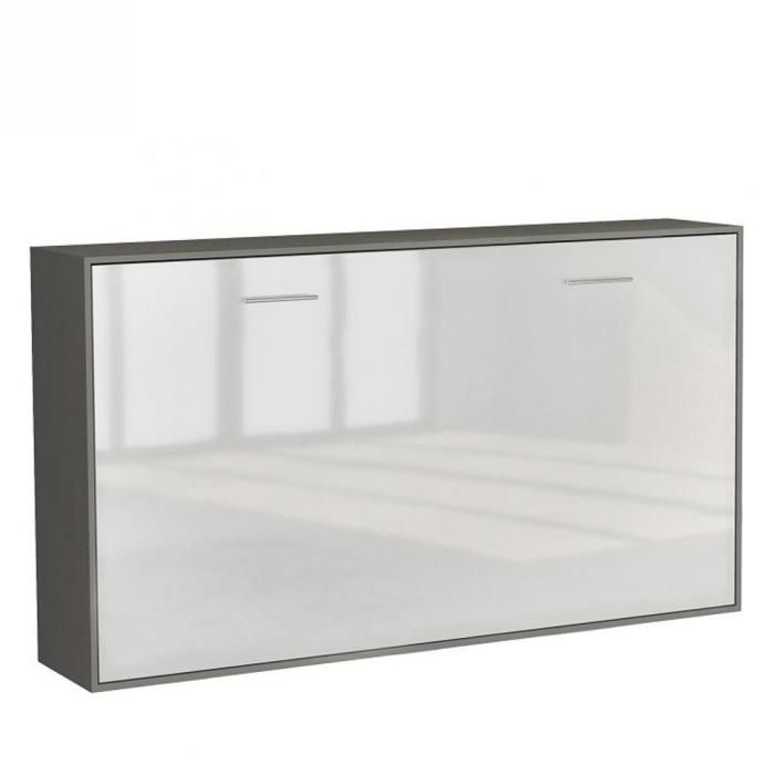 Armoire lit horizontale escamotable STRADA-V2 structure gris graphite mat façade blanc brillant couchage 90*200 cm. bi color MDF
