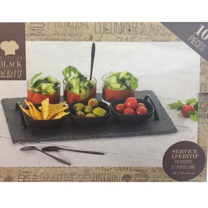 SERVICE APERITIF 10 PCS PLATEAU COUPELLE VERRE 32 X 22 X 6 CM ARDOISE PORCELAINE
