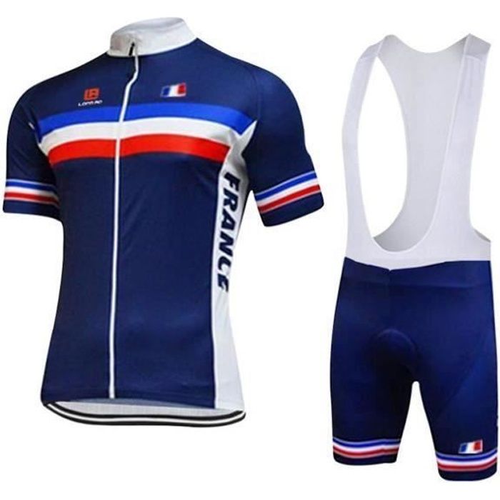 Maillot de Cyclisme Homme Manches Courte Équipe de France Été + Cuissard à Bretelle Vélo GEL Silicone Ensenble de Vêtement