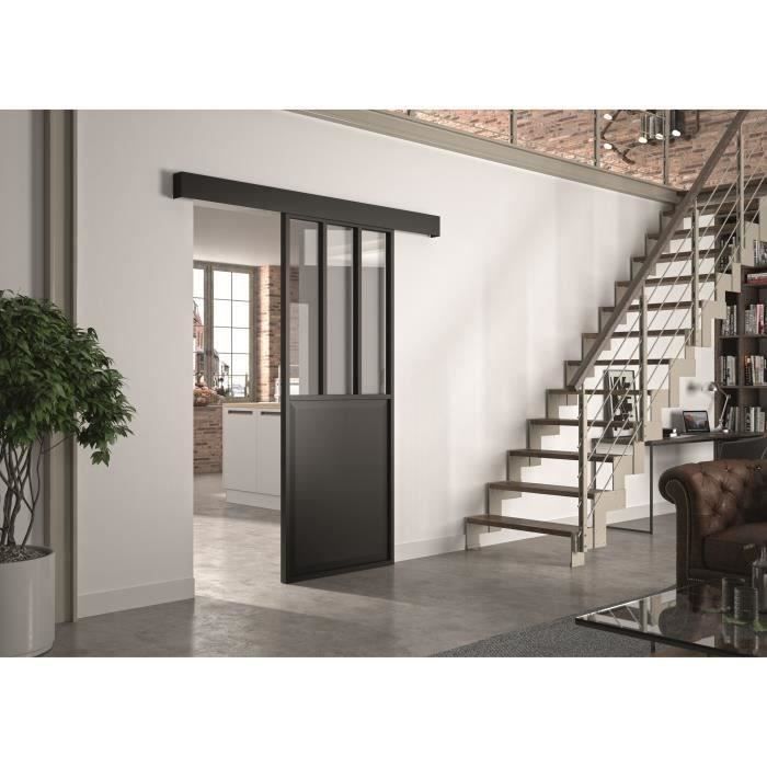 OPTIMUM Kit porte coulissante ATELIER noir + rail + cache rail - 204 x 83 cm - Verre transparent
