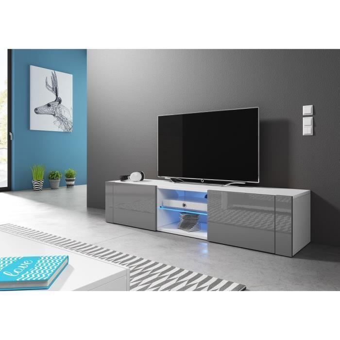 Meuble TV design PARIS-HIT 140 cm, 2 portes et 2 niches, coloris gris et blanc brillant. L 140 X P 36 X H 30 cm Gris