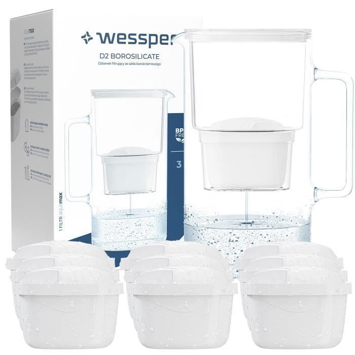 Wessper Crystalline Carafe en Verre blanche 2,5 L avec filtre Wessper AquaMax + 9x filtres AquaFloow Maxi