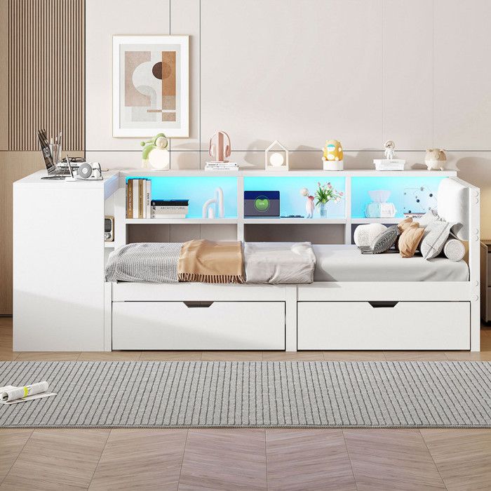 Lit combiné enfant - MODERNLUXE - 90 x 200 cm - 2 tiroirs - station de charge USB - LED colorées Lit combiné enfant - MODERNLUXE - 90 x 200 cm - 2 tiroirs - station de charge USB - LED colorées