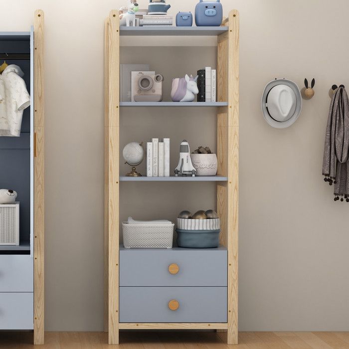 Étagère debout - OEM - 2 tiroirs - Bois de pin - 4 niveaux - Bleu et bois naturel