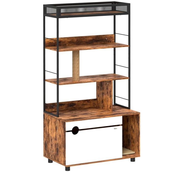 Meuble litière chat 2 en 1 avec étagère 3 niveaux griffoir porte et niche pour petits chats Meuble litière chat 2 en 1 avec étagère 3 niveaux griffoir porte et niche pour petits chats