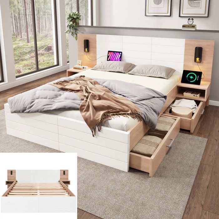 Lit double Bois massif 180x200cm - Tiroirs & Lampe USB - 2 Places pour Adulte