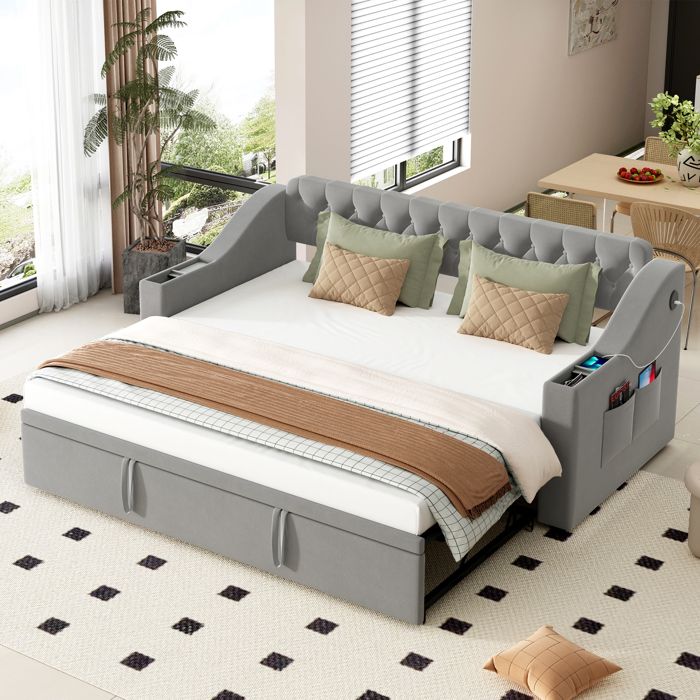Canapé-lit rembourré - 90/180x190 cm - Accoudoirs avec rangement - Port USB - Tissu velours