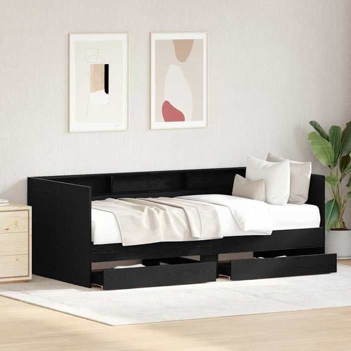 Lit dappoint en bois dingénierie - UU - Chêne noir - 100x200 cm - Avec tiroir - 203x110x73 cm - Lit large