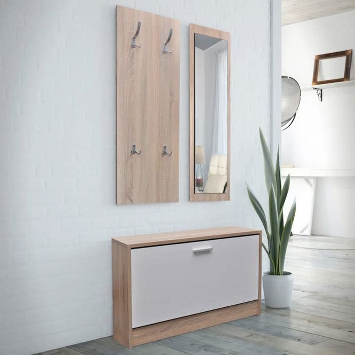Armoire à chaussures 3-en-1 - Happiness - Bois chêne et blanc - 80x27x46.5 cm - Miroir avec cadre en bois Armoire à chaussures 3-en-1 - Happiness - Bois chêne et blanc - 80x27x46.5 cm - Miroir avec cadre en bois