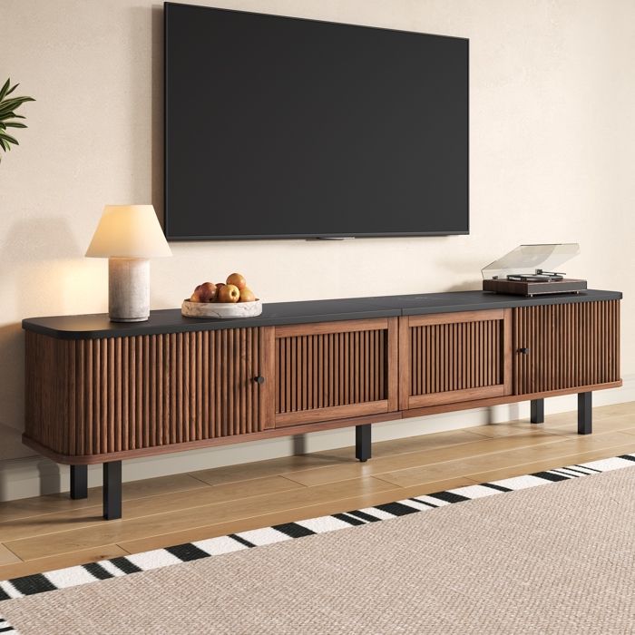 Meuble TV moderne 190x35x45cm Panneau TV Meuble TV bas 2 portes coulissantes et 2 portes grillagées Meuble de rangement Bois
