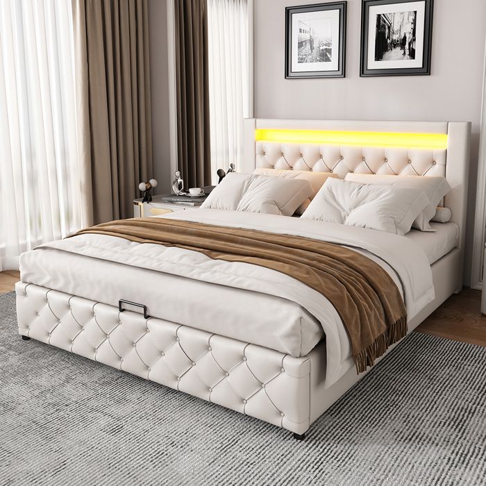 Lit adulte rembourré 140x200 cm Lit coffre avec éclairage LED sommier à lattes rangement hydraulique tissu en PU blanc
