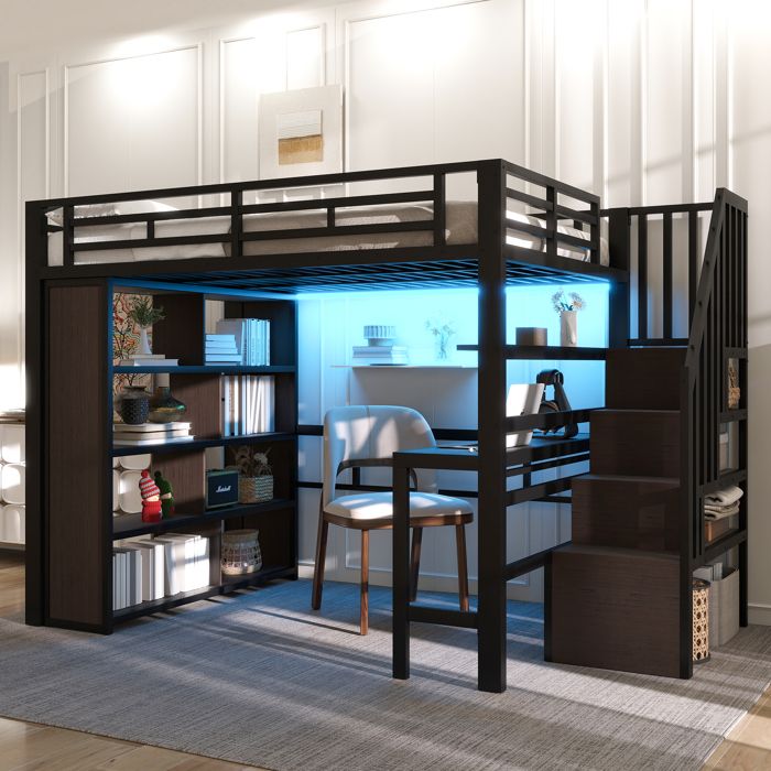 Lit mezzanine multifonctionnel lit enfant avec bureau 140×200cm avec éclairage LED et compartiments de rangement ouverts noir
