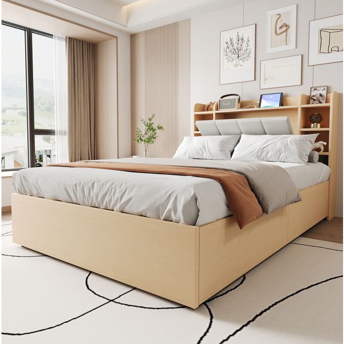 Lit coffre hydraulique bois naturel 140×200 cm sommier inclus tête de lit rangements USB/Type‑C