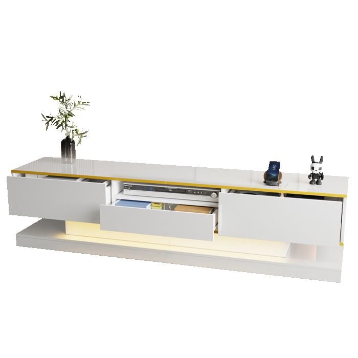 Meuble TV moderne blanc laqué avec 3 tiroirs bande LED multicolore et détails dorés